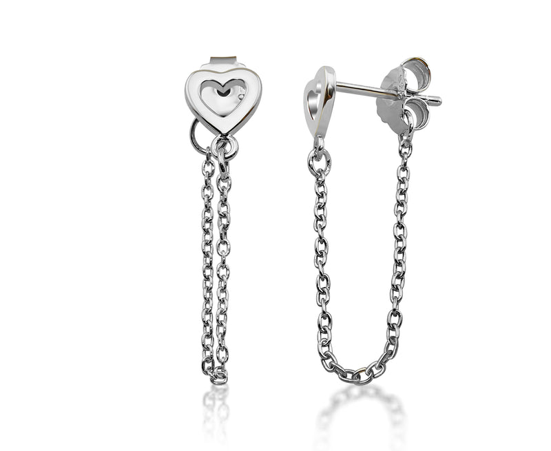 Jwls4u Earrings Pendant Heart with chain Silver JE022S