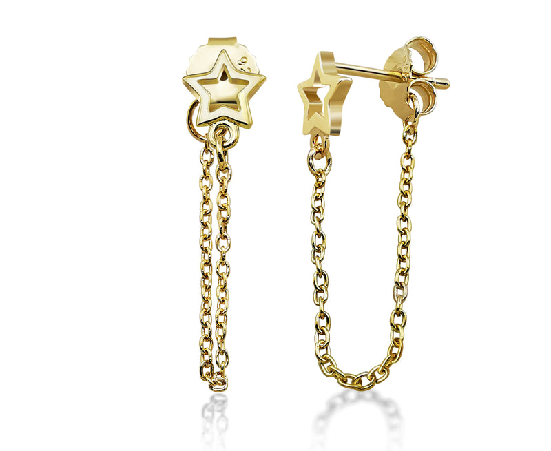 Jwls4u Earrings Pendant Open Star with chain Silver Gold-Plated JE024G