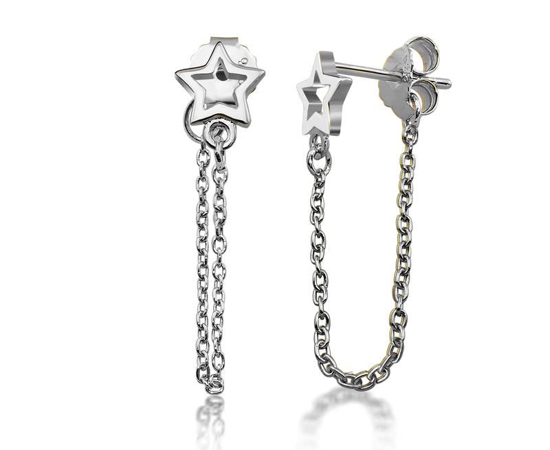 Jwls4u Earrings Pendant Open Star with chain Silver JE024S